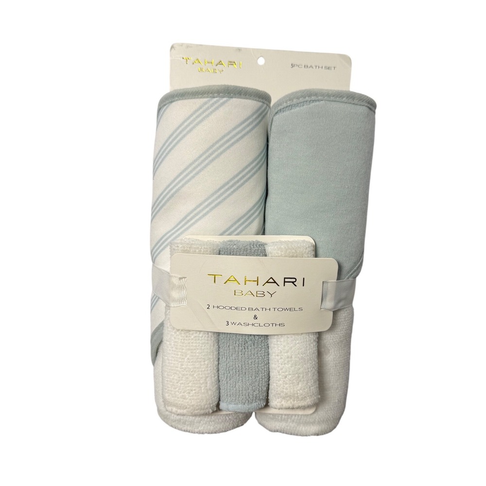 Tahari Baby 5 Piece Hooded Bath Towel Washcloth Set Blue White NWT